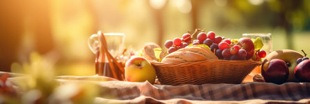 Outdoor picnic scene with delicious food and sun flare.の素材