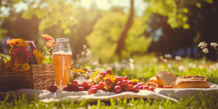 A delightful picnic setup with sun flare.の素材
