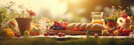 A delicious picnic setup with a transparent background and warm sun flare.の素材