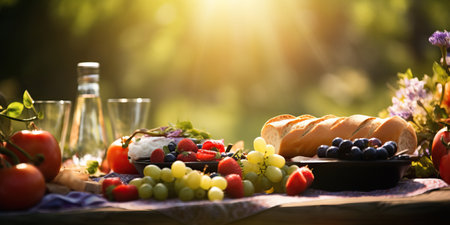 A delightful picnic spread bathed in sun flare.の素材