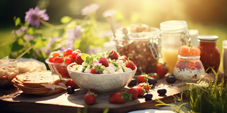 Picnic scene with delicious food and sun flare on grass.の素材