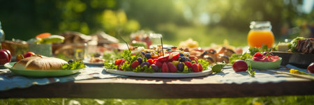 Vibrant picnic spread with sun flare, transparent background.の素材