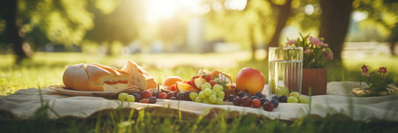 Appetizing picnic spread with sun flare on a sunny day.の素材