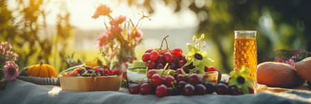 Delicious picnic spread with sun flare, fruit, and drink.の素材