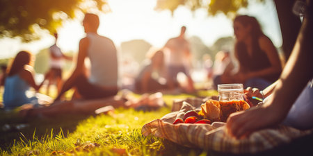 Outdoor picnic with delicious food, people, and sun flare.の素材