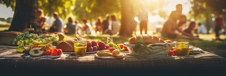 Luscious food at a picnic with people, bokeh and sun flare.の素材