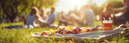 Tasty food picnic setup with people blurred on bokeh background and a warm sun flare glow.の素材