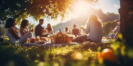 Friends enjoying a tasty food picnic, sunny bokeh background.の素材