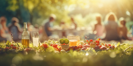 Tasty food at a picnic with people and sun flare bokeh.の素材
