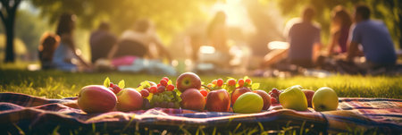 Delicious food picnic on a sunny day with people and sun flare bokeh.の素材