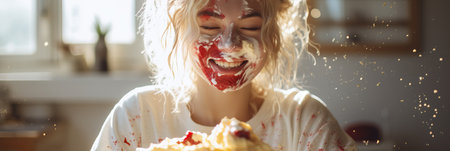 Joyful girl with cake smeared on her face.の素材