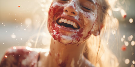 Joyful girl with cake smeared on her face.の素材