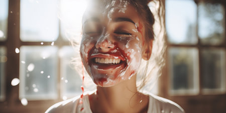 Joyful girl with cake smeared on her face.の素材