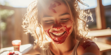 A joyful girl with chocolate cake on her face.の素材