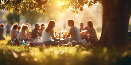 Outdoor picnic scene with delicious food, people and sun flare.の素材
