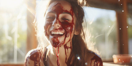 A joyful girl with chocolate cake on her face.の素材