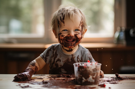 Happy kid with a delicious chocolate-smeared face.の素材