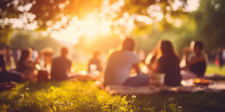 Outdoor picnic scene with delicious food, people and sun flare.の素材