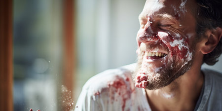 Man covered in cake frosting, having fun.の素材