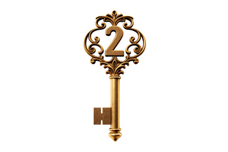 Decorative golden key with intricate design and number 2.の素材