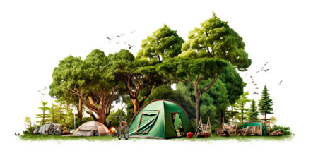 Idyllic Summer Camp Setting, Tents Amidst Green Treesの素材