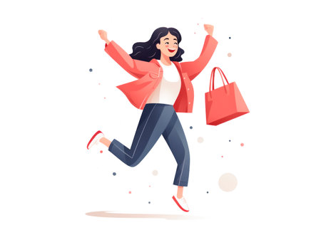 Illustration of a joyful girl holding a bag.の素材