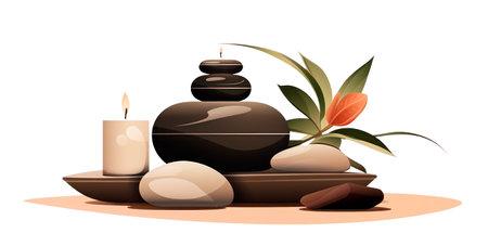 Serene spa setting with stones and candle art.の素材