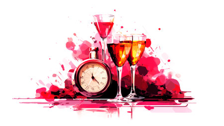 Happy hour themed artwork with drinks and clock.の素材