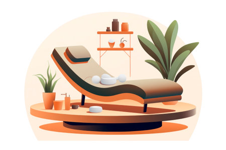 Illustration of a serene day spa setup with massage bed.の素材