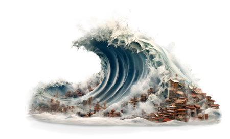 Majestic wave depicting tsunami over a city.の素材