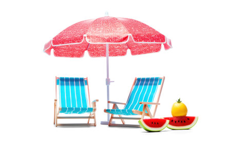 A vivid setting for summer fun with chairs and umbrella.の素材