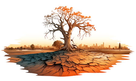Illustration of dried landscape with a leafless tree.の素材