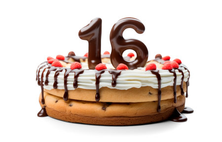 Festive cake with number 16 topper for a Sweet Sixteen celebration.の素材
