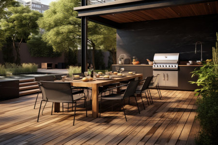 Elegant outdoor kitchen with dining space on wooden deck.の素材