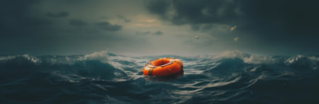 A lifeboat adrift in a tumultuous sea at dusk.の素材