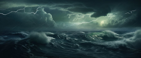 Dramatic storm with lightning over a rough sea.の素材