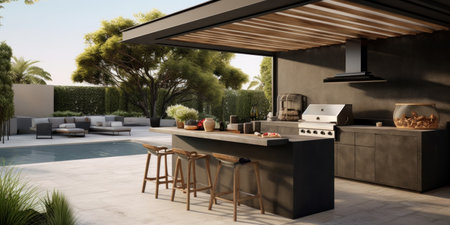 Modern outdoor kitchen with bar seating and lounge area.の素材