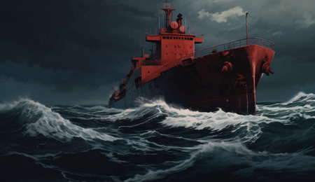 Vessel facing turbulent waves in stormy sea.の素材