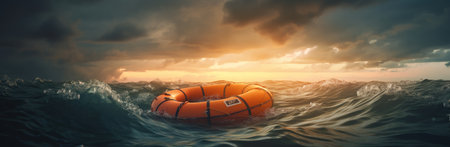 Orange lifebuoy adrift in a tumultuous sea at sunset.の素材