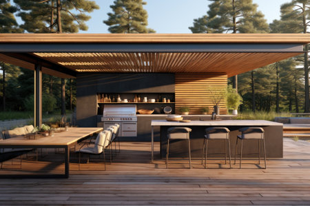 Sleek outdoor kitchen design surrounded by treesの素材