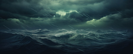 Dark clouds over a turbulent sea at nighttime.の素材
