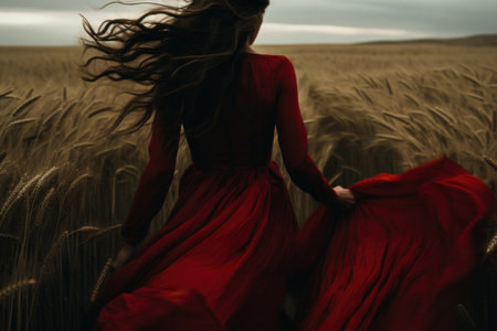 A vintage dressed woman in a wheat field.の素材
