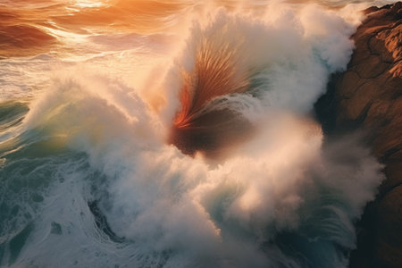 A stunning view of a rough sea crashing against rocks.の素材