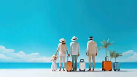 Back view family with luggage under blue sky.の素材