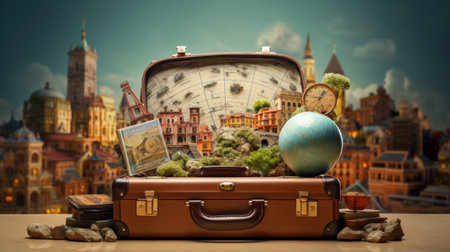 A suitcase with iconic landmarks represents tourism management.の素材