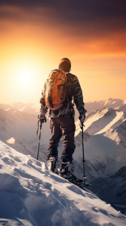Snowboarder with gear admiring sunset over snowy peaksの素材