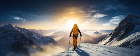 Skier atop snowy peak at sunrise, winter sport sceneryの素材