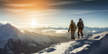Two people enjoy the view after winter sport activities.の素材
