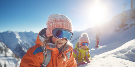 Smiling skiers enjoying winter sport recreation on snowy mountain.の素材