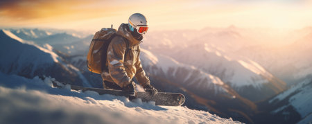 A snowboarder rests, enjoying alpine views.の素材